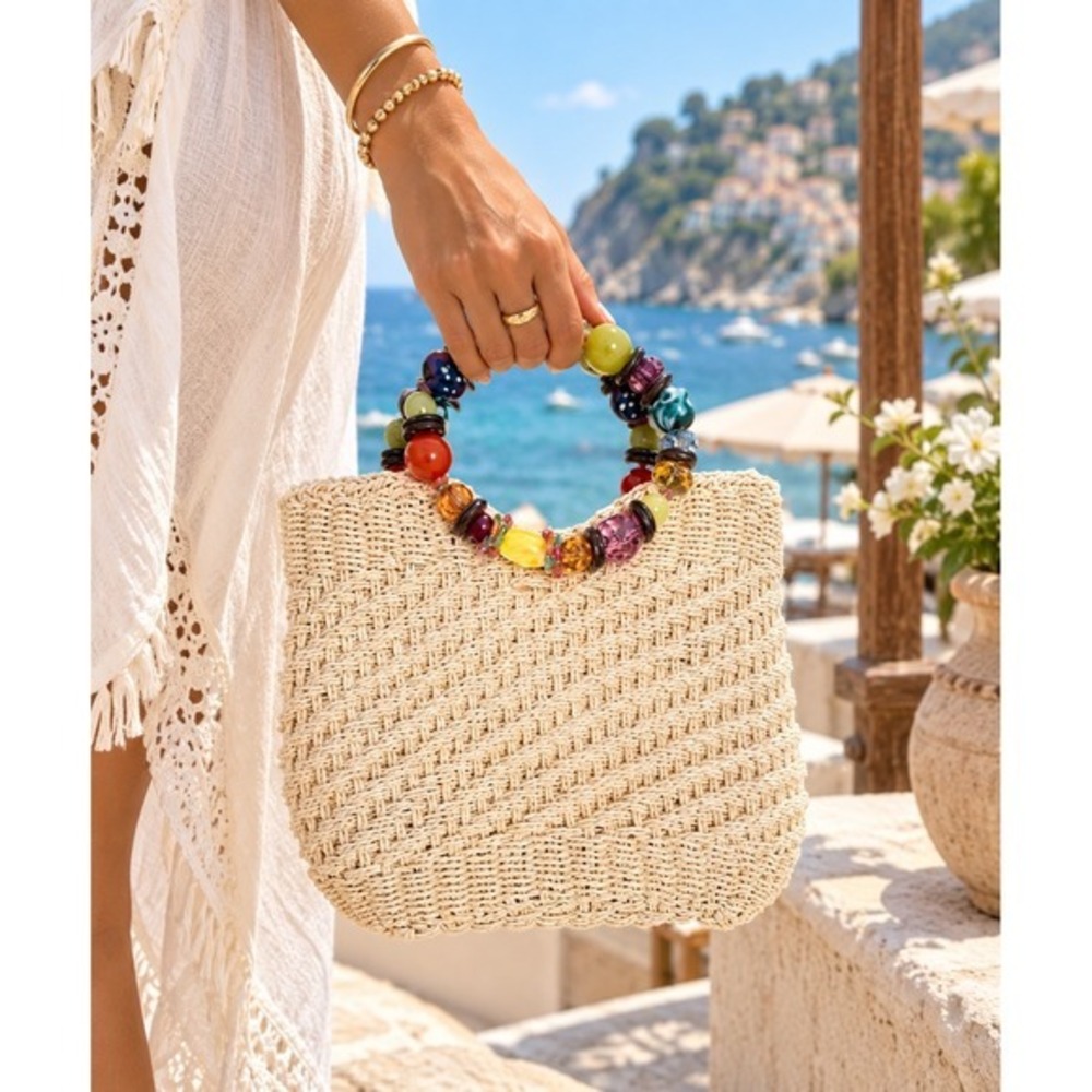 Cappelli Straworld Cream Woven Straw Beaded Handle Tote Bag Boho Y2K